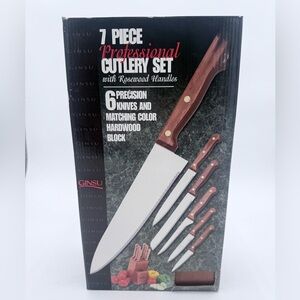 Ginsu 7pc Knife Set Stainless Steel Heavy  Rosewood Handle w/ Wood Block VTG 99’